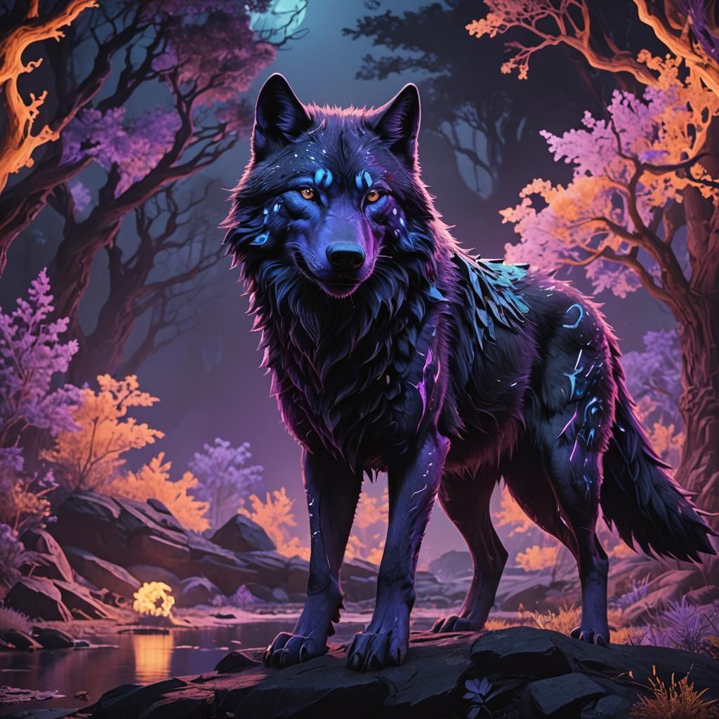 Fantastical Blacklight Wolf in Detailed Matte Painting