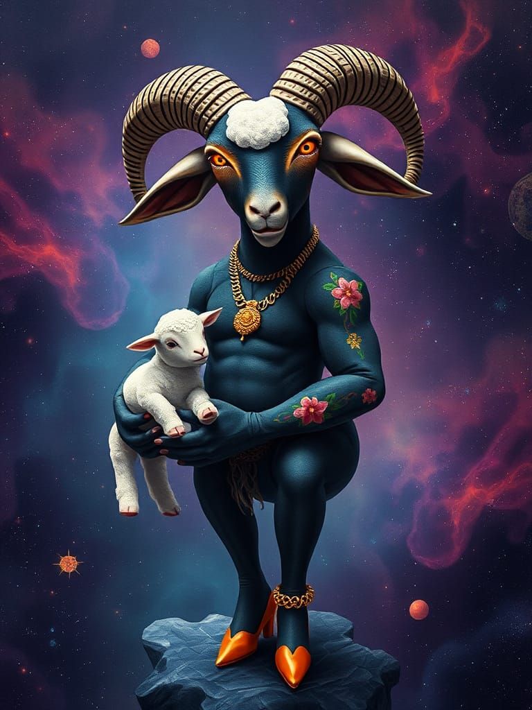 Muscular Fabric Ewe with Lamb in Cosmic Illustration