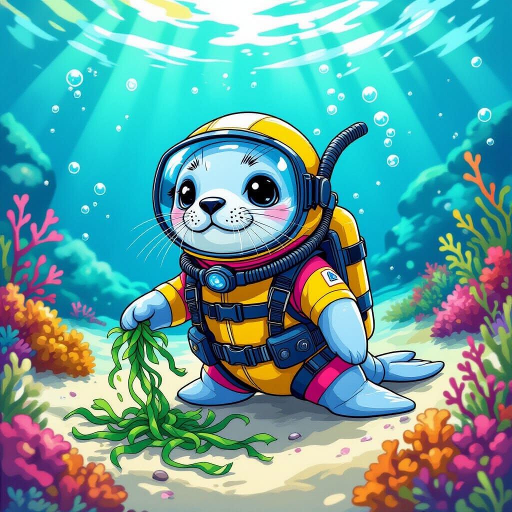 Cute Baby Seal Scuba Diver in Manga Style