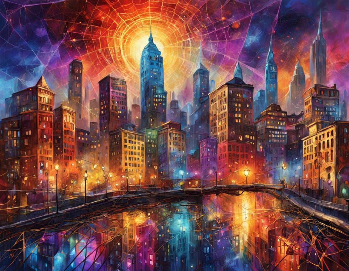 Multicolored Spiderweb Cityscape in Vibrant Oil Painting Sty...