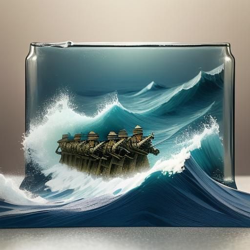 Miniature Soldiers in a Bottle on Stormy Sea