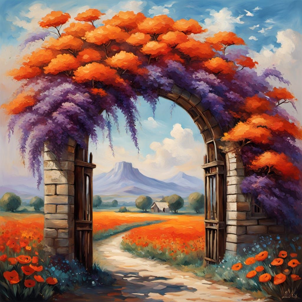 Cypress Tree and Arched Gate: Monet-Inspired Landscape
