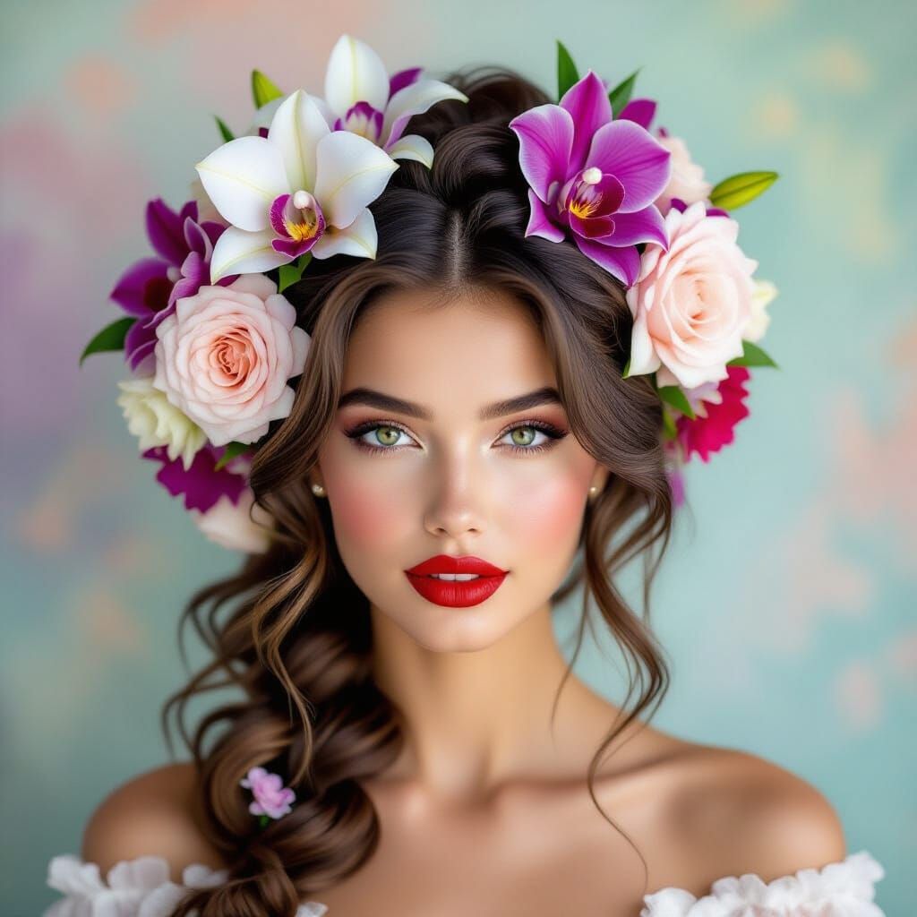 \a young fashion model with voluminous, hair intricately wov...