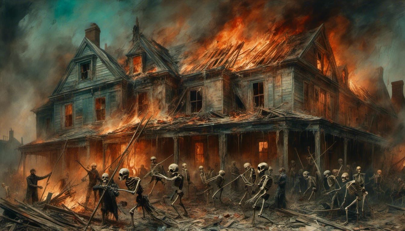 Skeletal Orchestra Battles Inferno in Impressionist Style