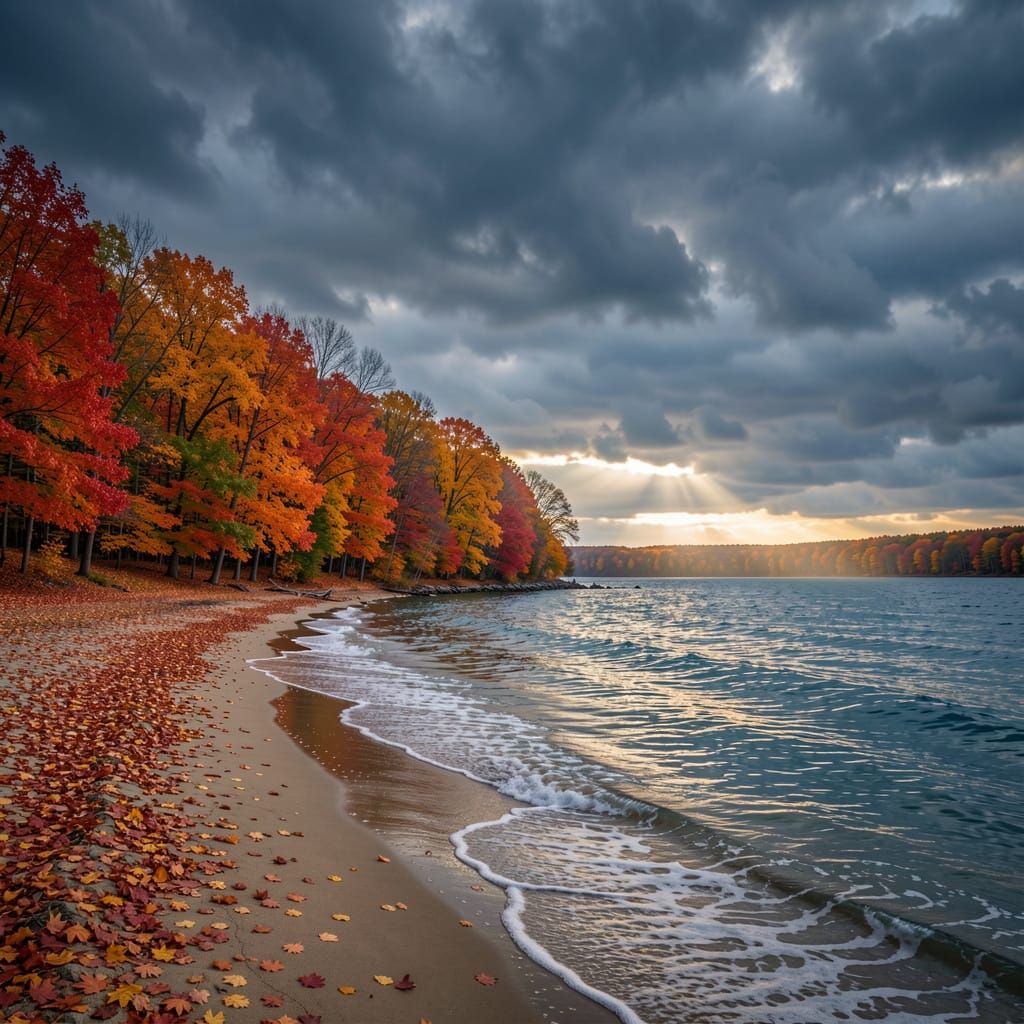 Autumn Beach Landscape with Stormy Sky