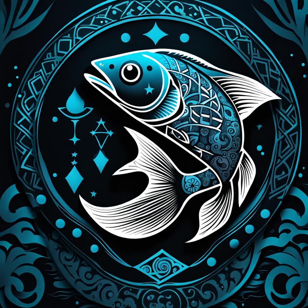 Fish Tattoo with Runes and Geometric Shapes