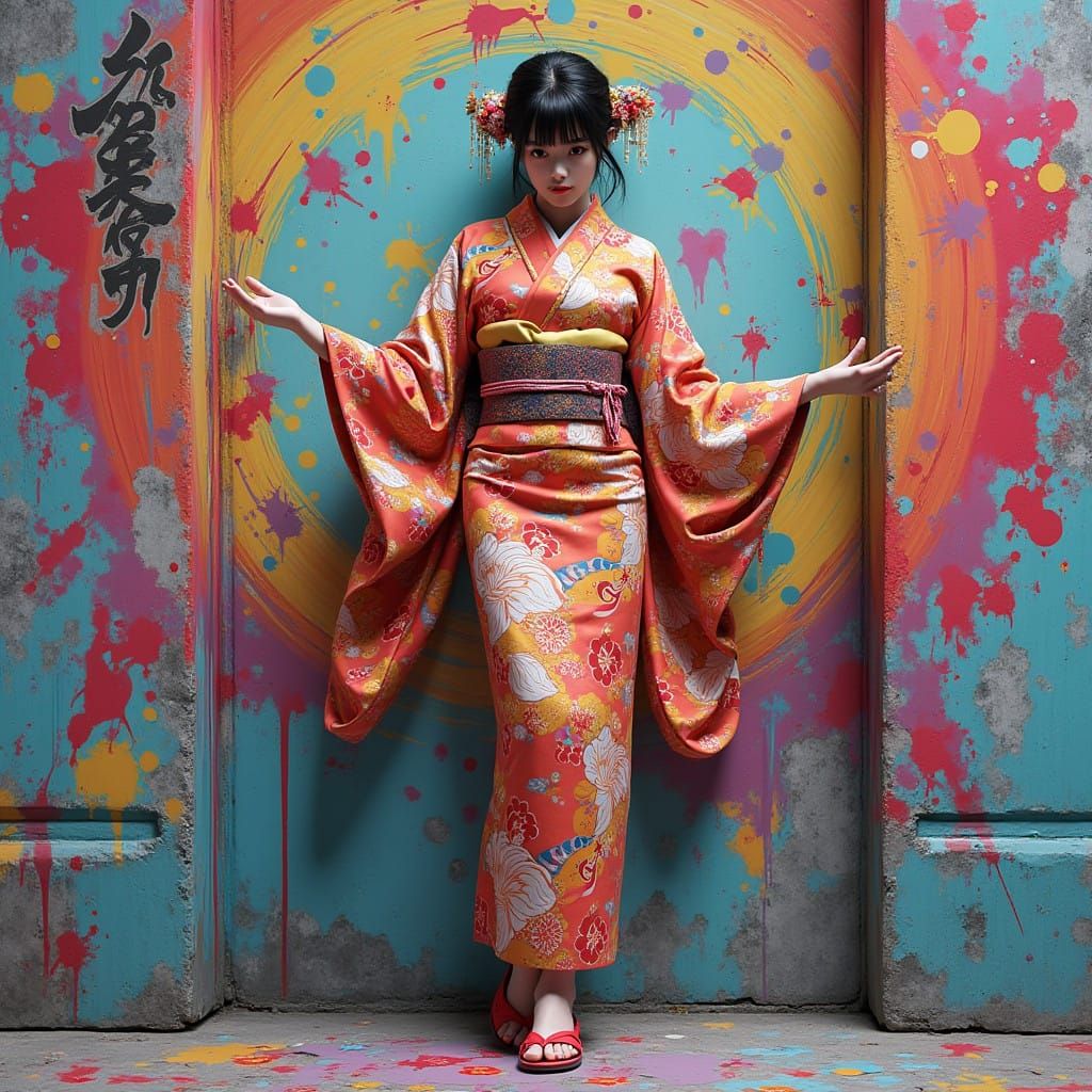 Vibrant Kimono Model Surrounded by Kaleidoscopic Street Art