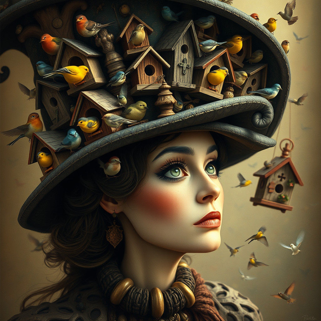 Whimsical Bird Lady in Dreamlike Style