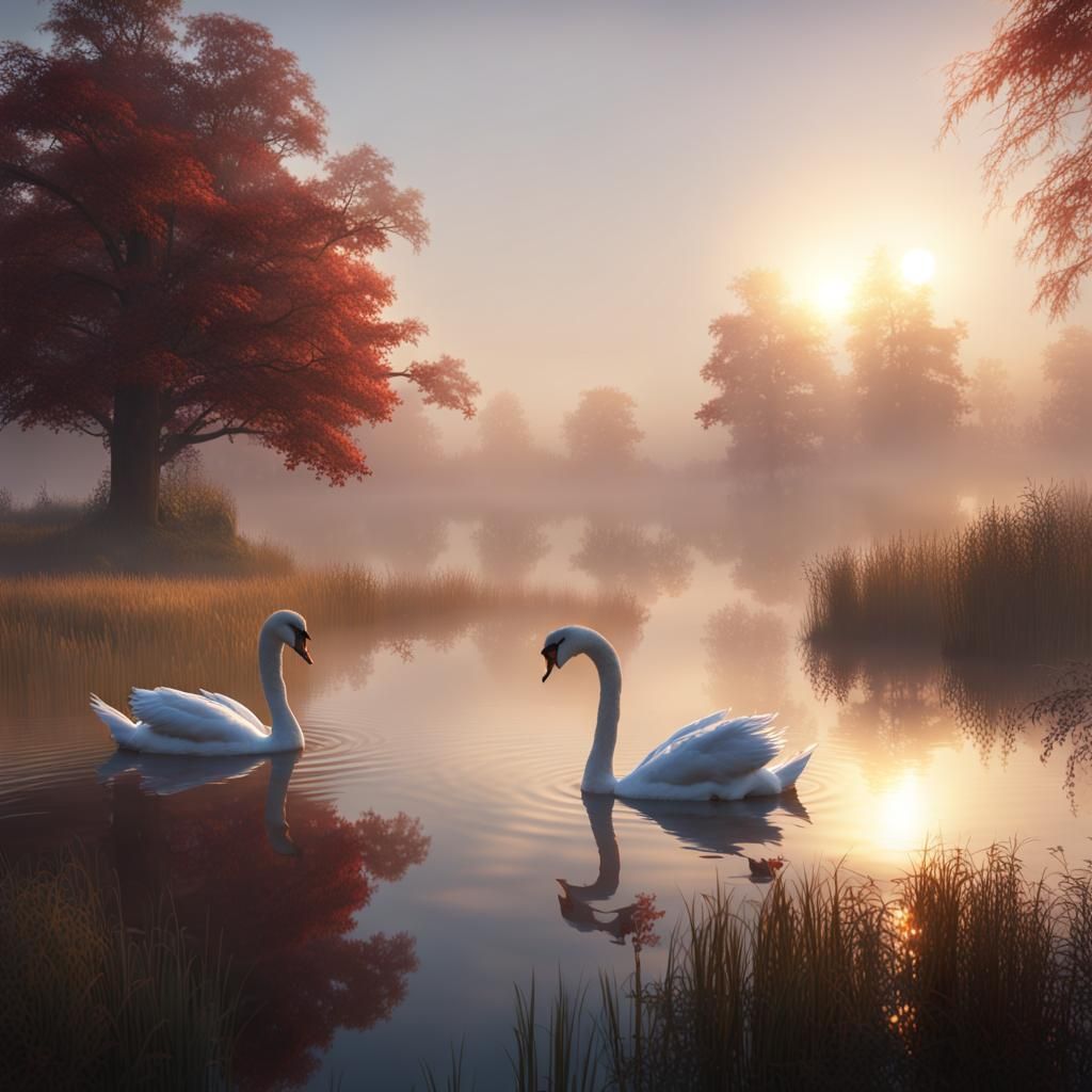 Swans on a Misty Pond at Sunrise