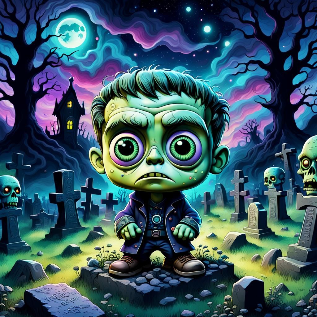 Psychedelic Chibi Frankenstein in Graveyard, 3D Render