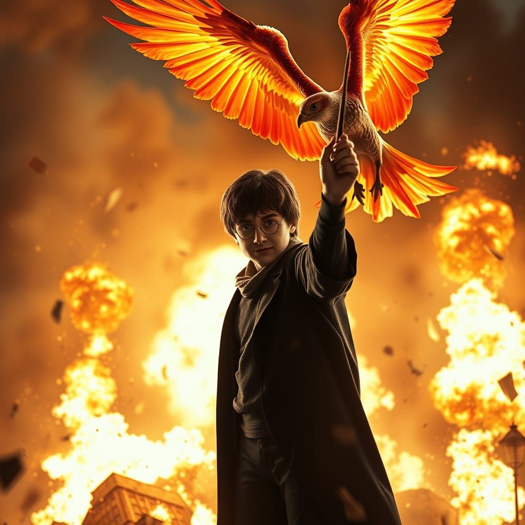 Heroic Harry Potter with Majestic Phoenix Amidst Apocalyptic...