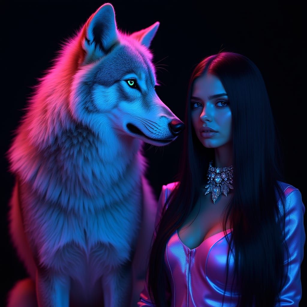 Neon Wolf Goddess in Futuristic Splendor
