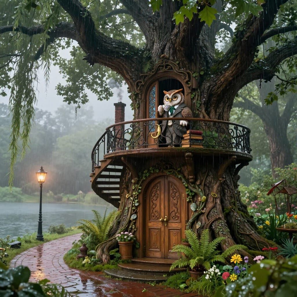 Wise Owl Sips Tea in Enchanted Forest Treehouse