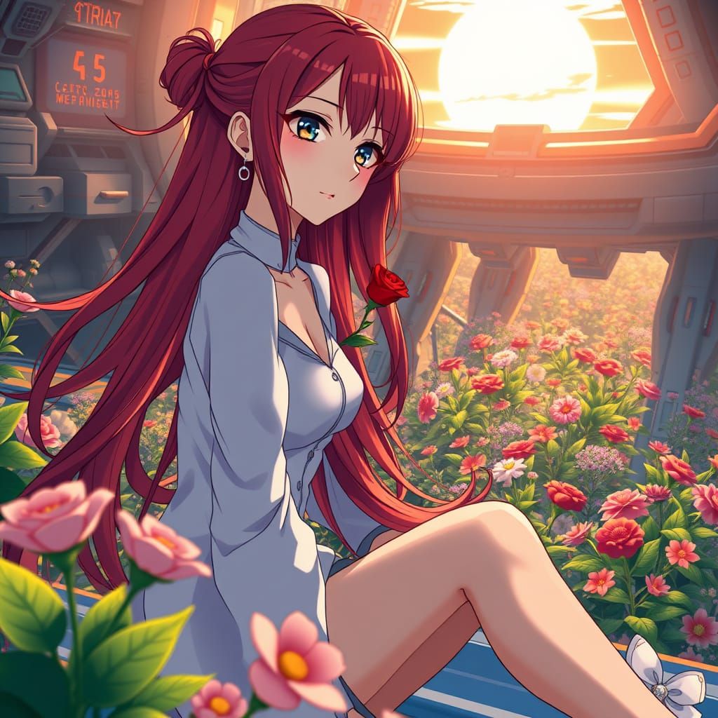 Contemplative Anime Woman in Futuristic Garden