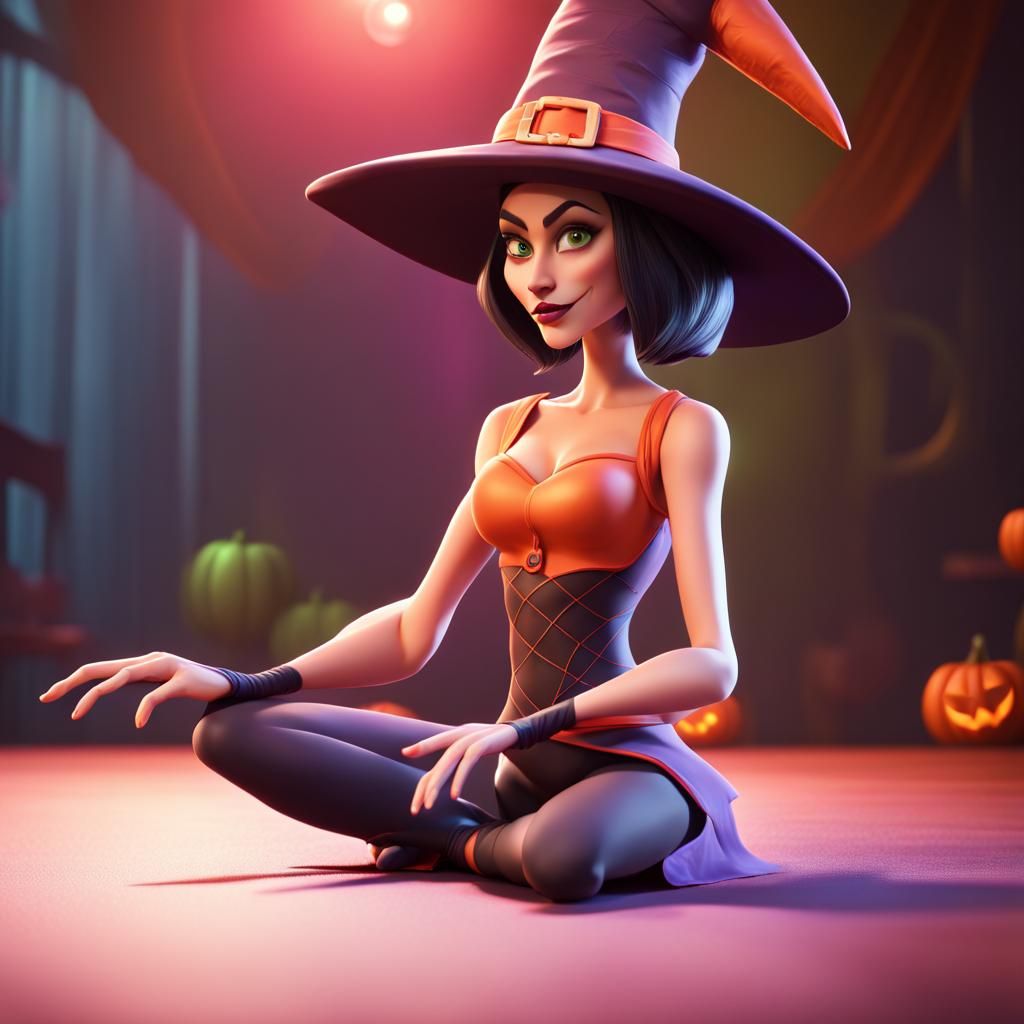 Brunette Witch in Halloween Costume: 3D Digital Art