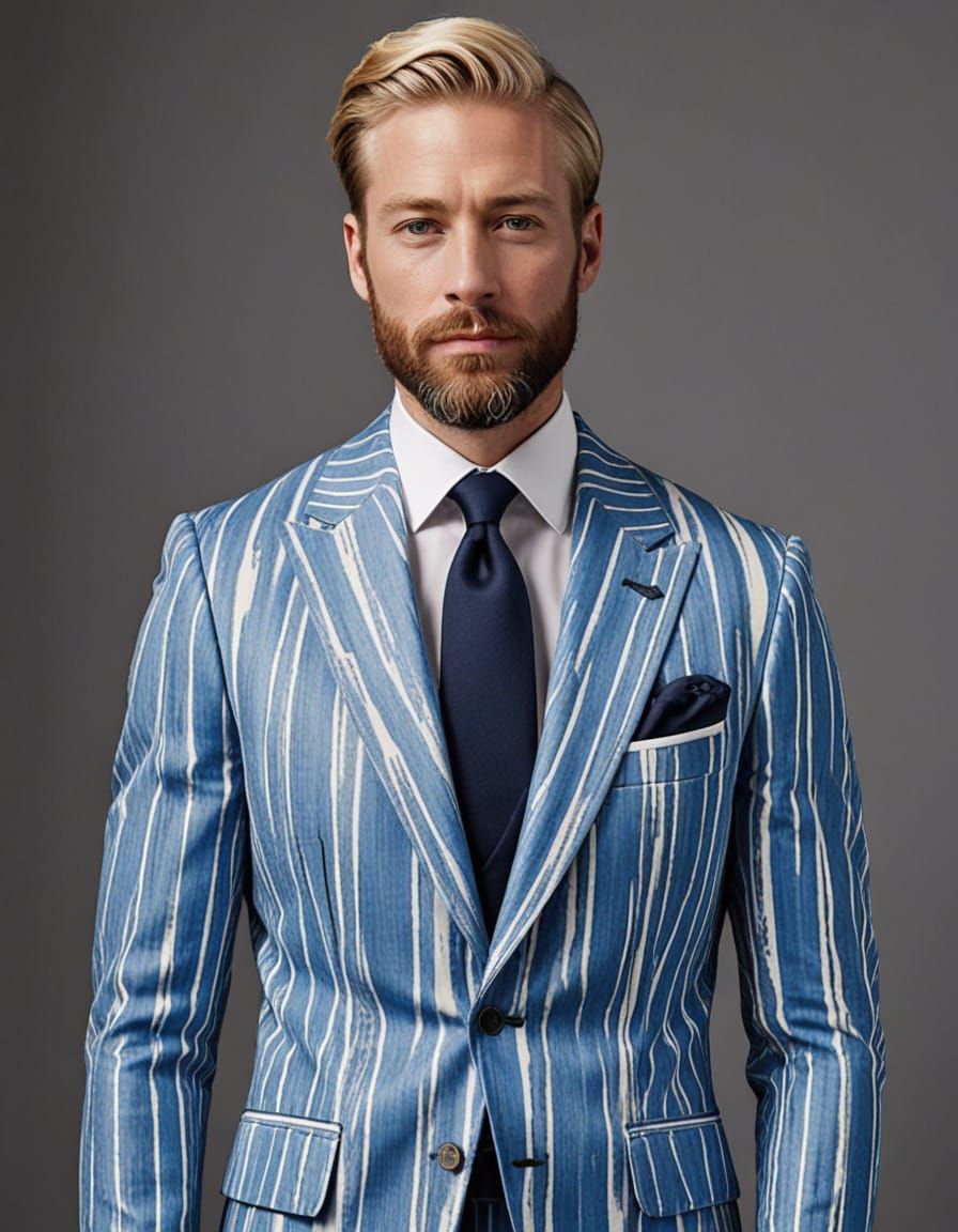 Dapper Blond Man in Striped Haute Couture Suit