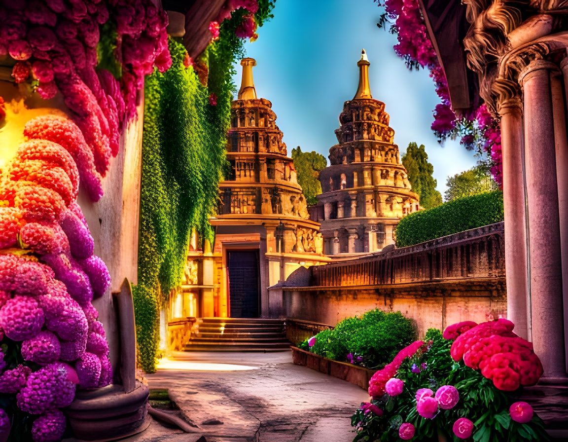 Floral Ancient Temple in Rose Tones, Hyperdetailed