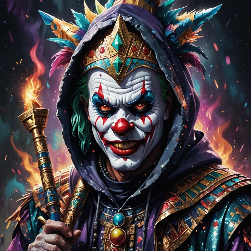 Menacing Clown Wields Macuahuitl in Holographic Art