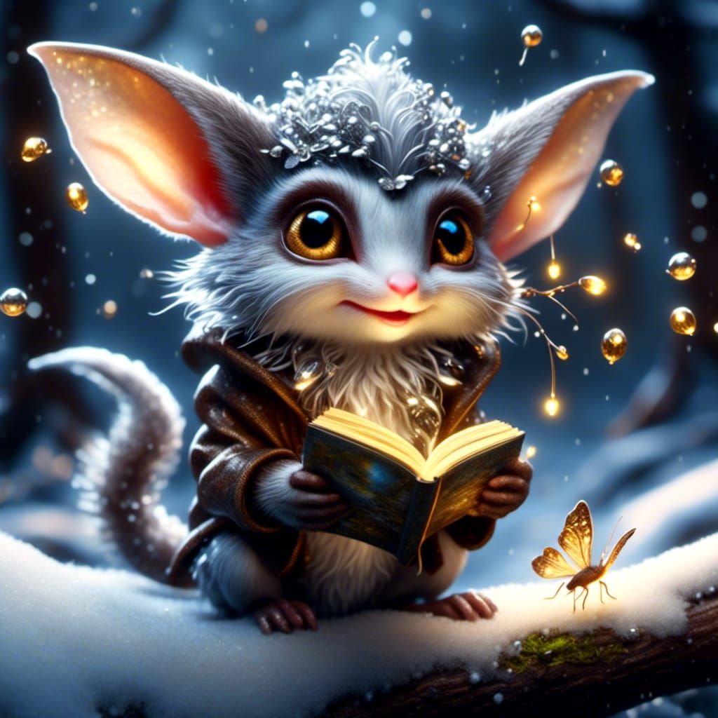 Cute Silver Fur Gremlin in Winter Forest, Fantasy Art