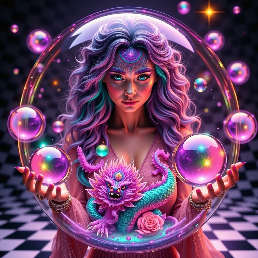 Neon Gemini Zodiac with Crystal Balls