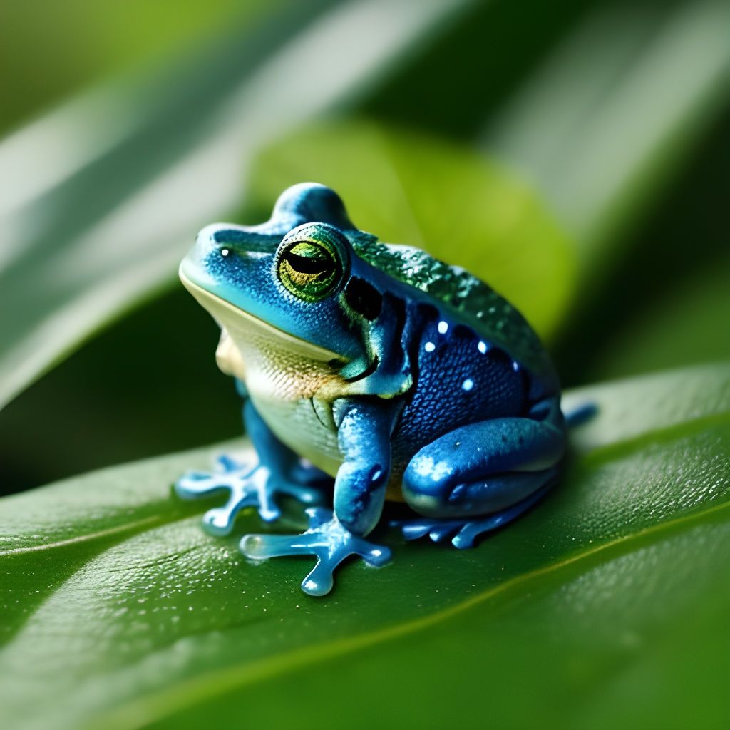 Cute Blue Frog on Leaf in Morning Light
