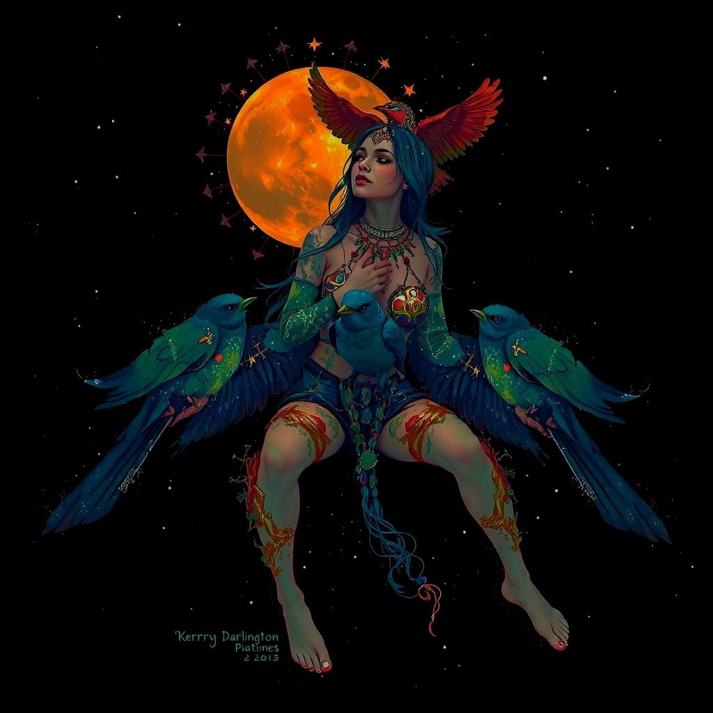 Woman Merging With Nature, Carrying Birds in Dreamlike Conce...