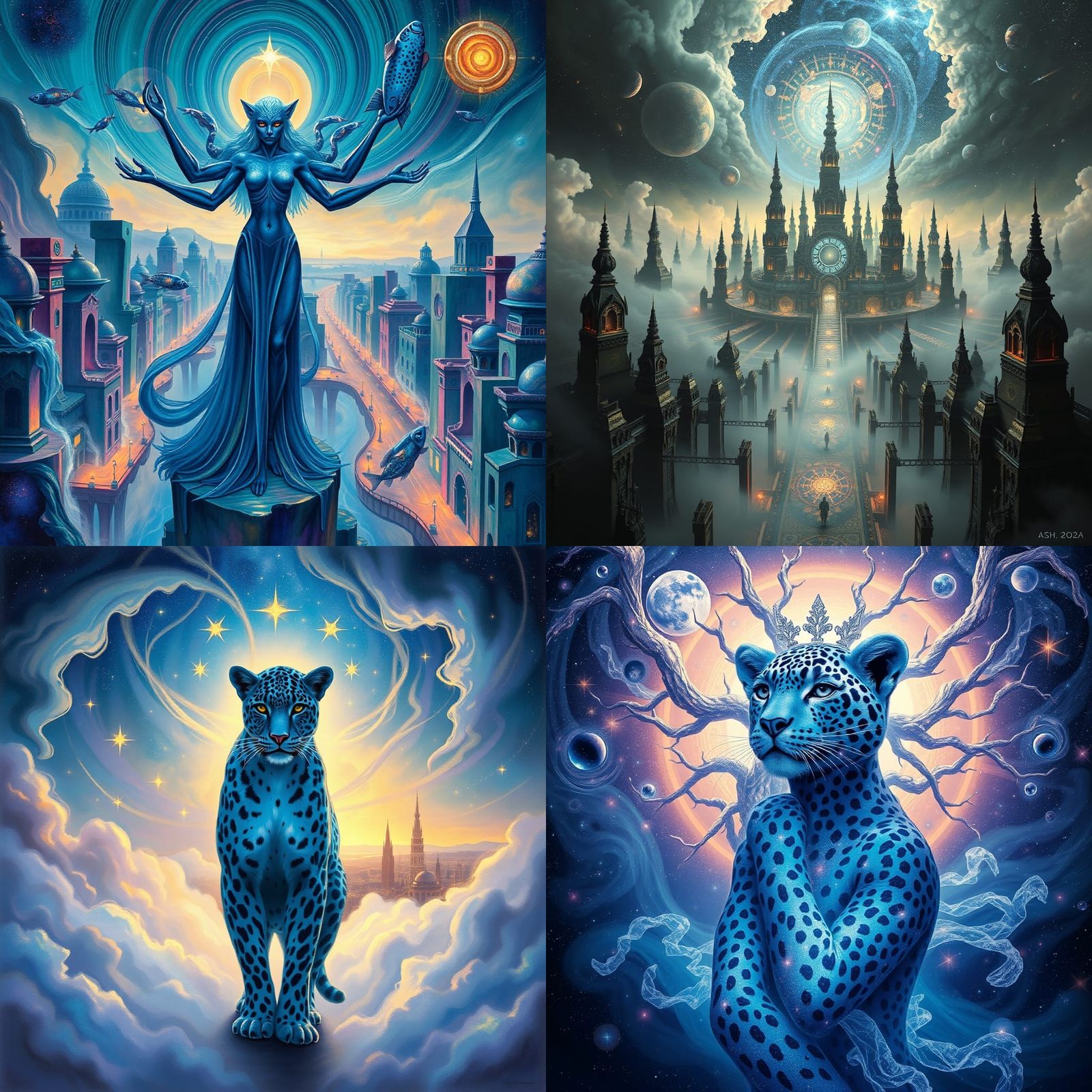 Surreal City of Blue Leopard Gods in Translucent Time