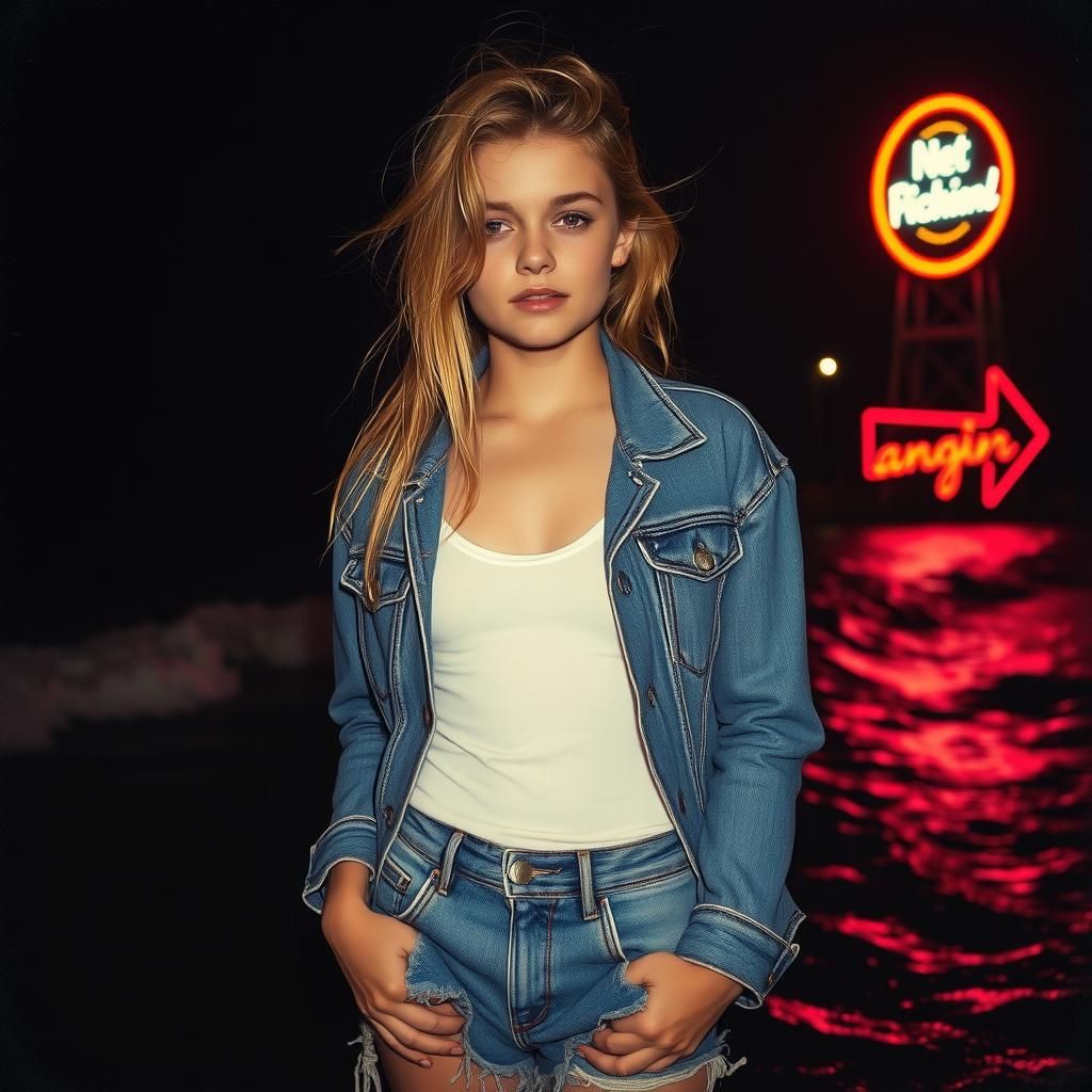 Blonde Model in New York Seaside at Night