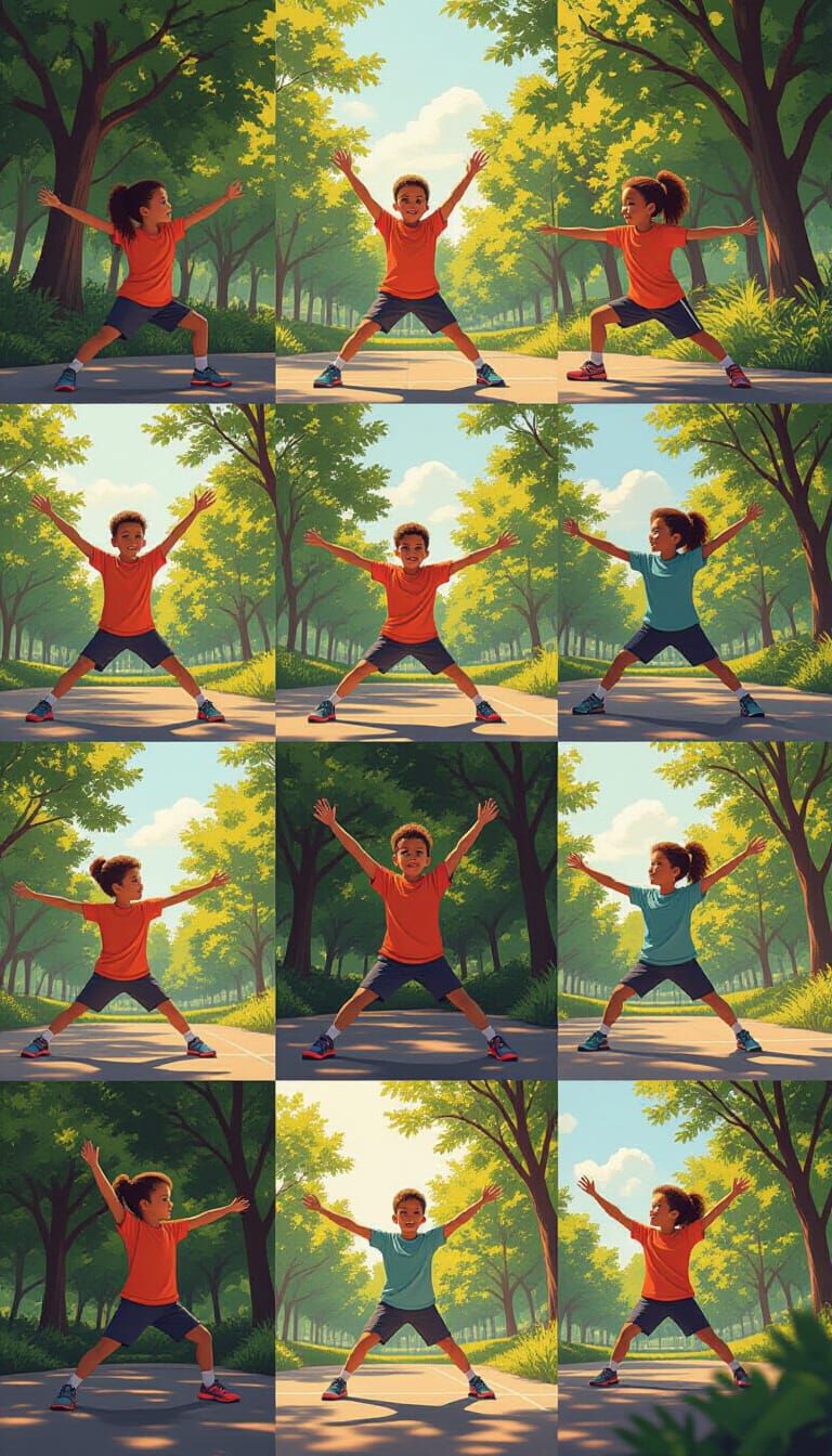 Children's Exercises Collage in Outdoor Park Setting