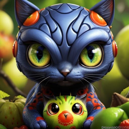 Digital Art of a Cute Alien Cat and Fruit Fusion with Blue E...
