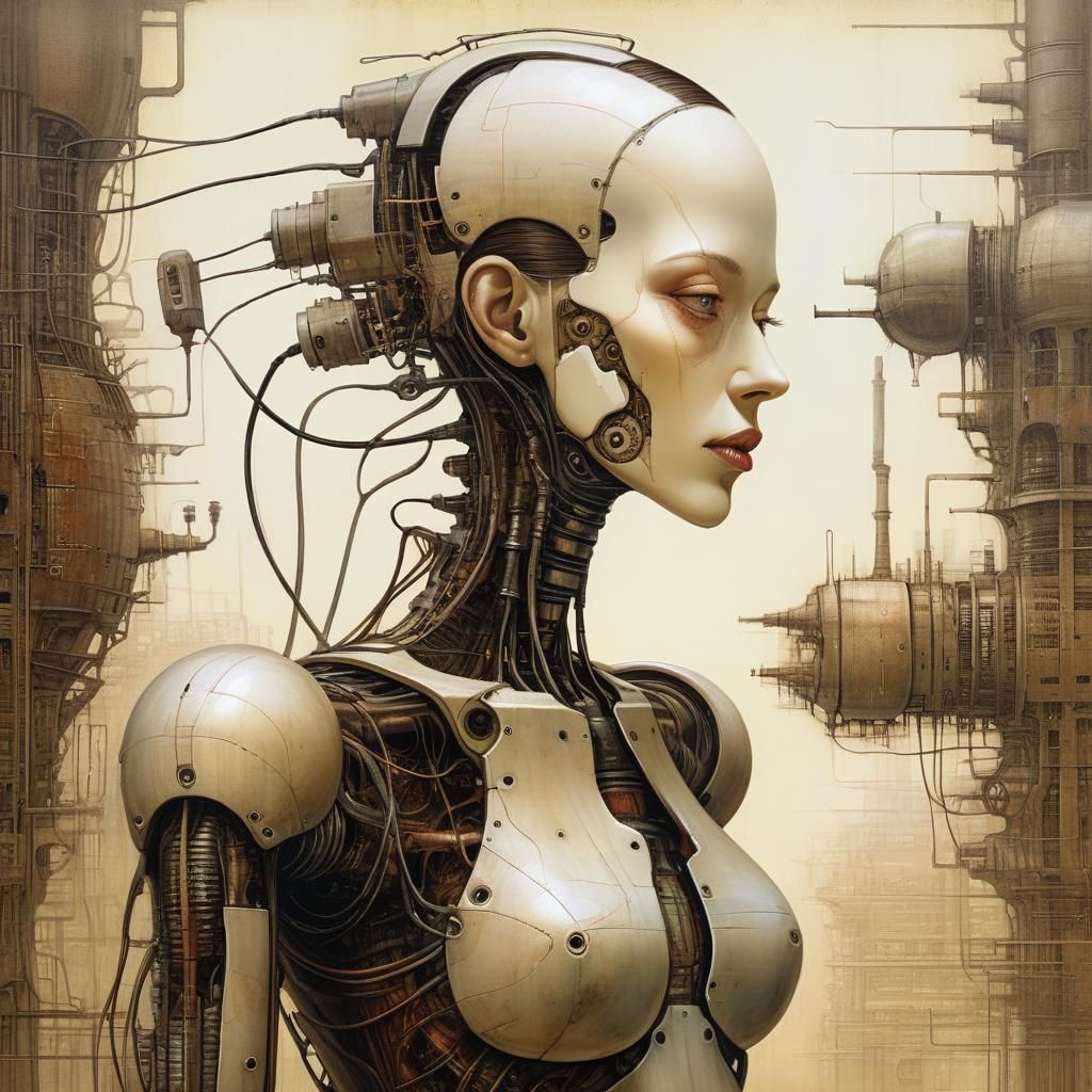 Surreal Distorted Android in Dystopian Factory