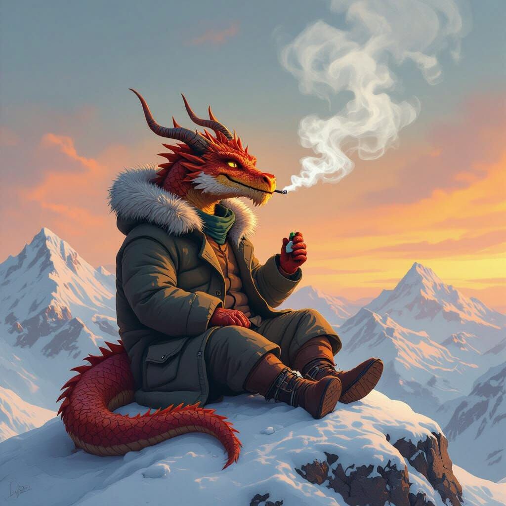 Dragon on Snowy Peak Smoking, Atmospheric Landscape Art
