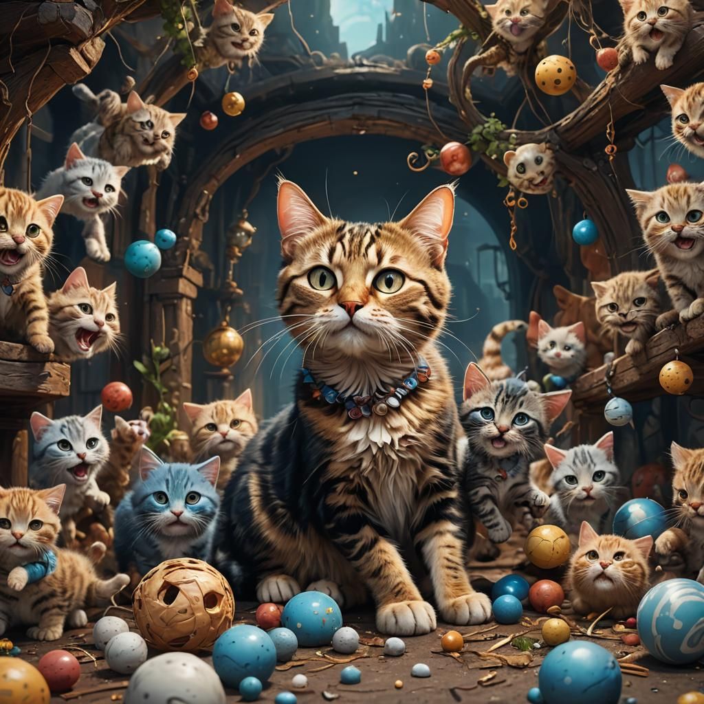 Comical Mother Cat and Kitten Fantasy Art