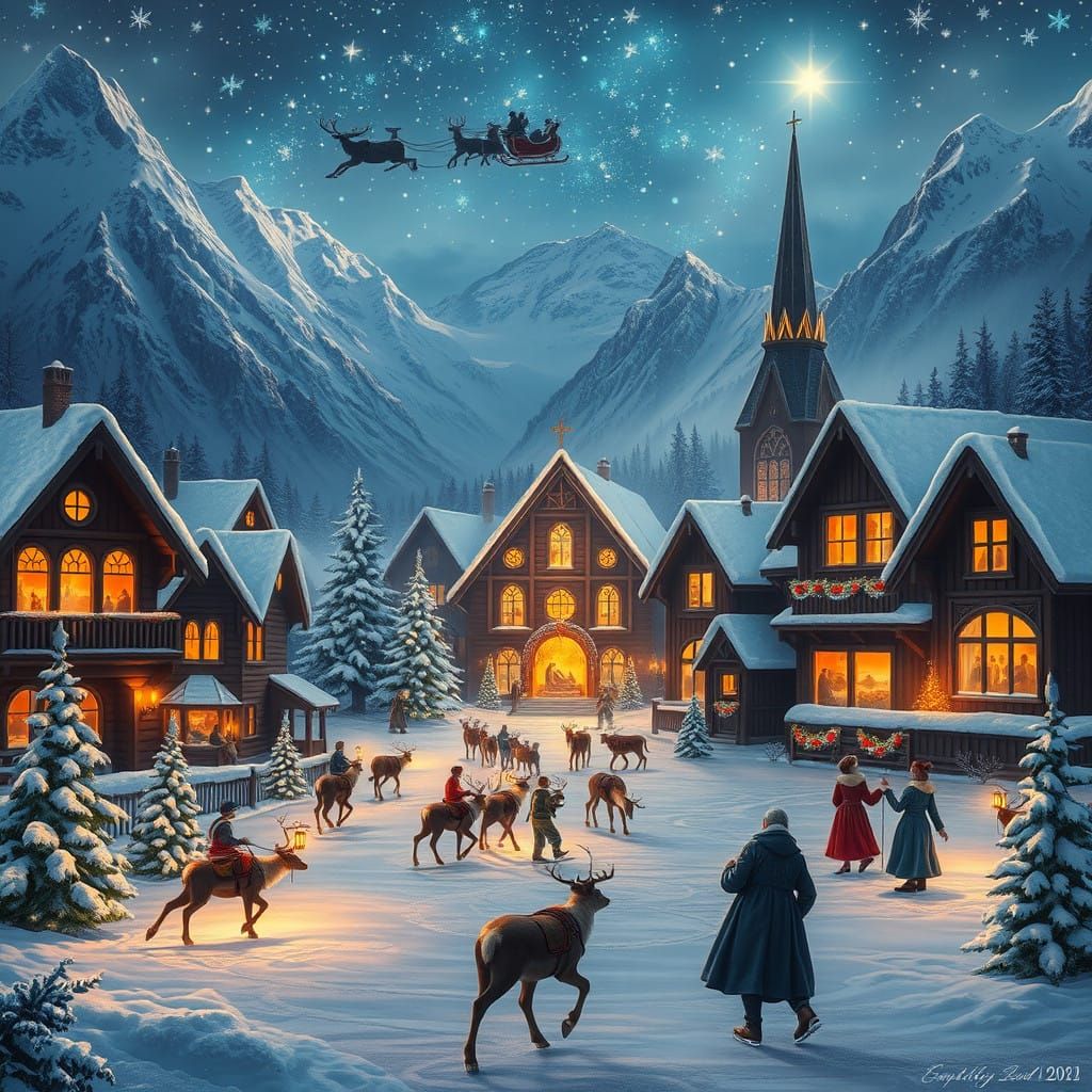 Magical Christmas Night in Snow-Covered Village