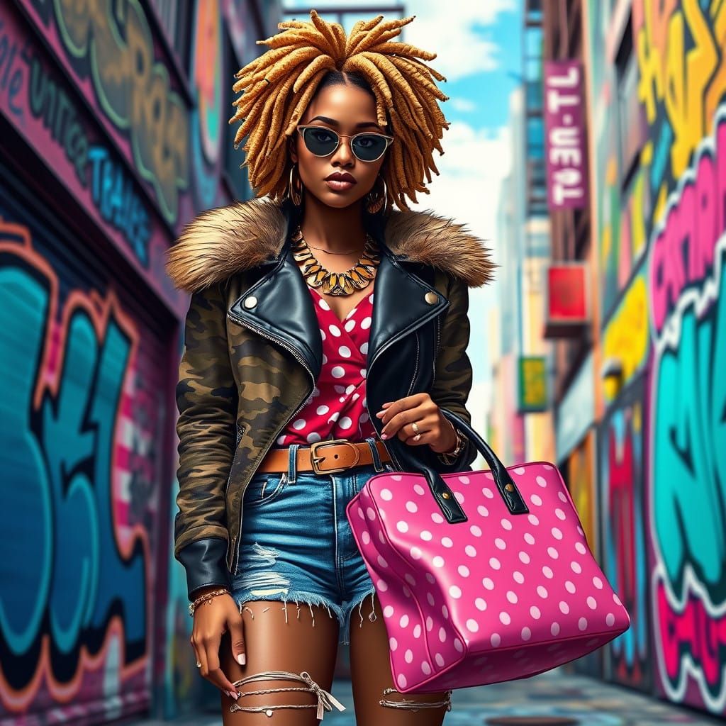 Elegant Streetwear Goddess in Vibrant Cityscape