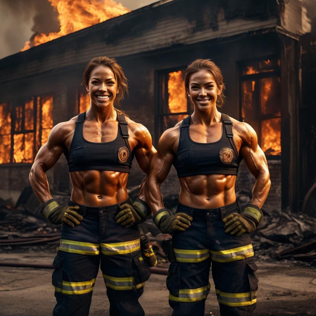 Muscular Firefighters Flexing in Burning Cityscape