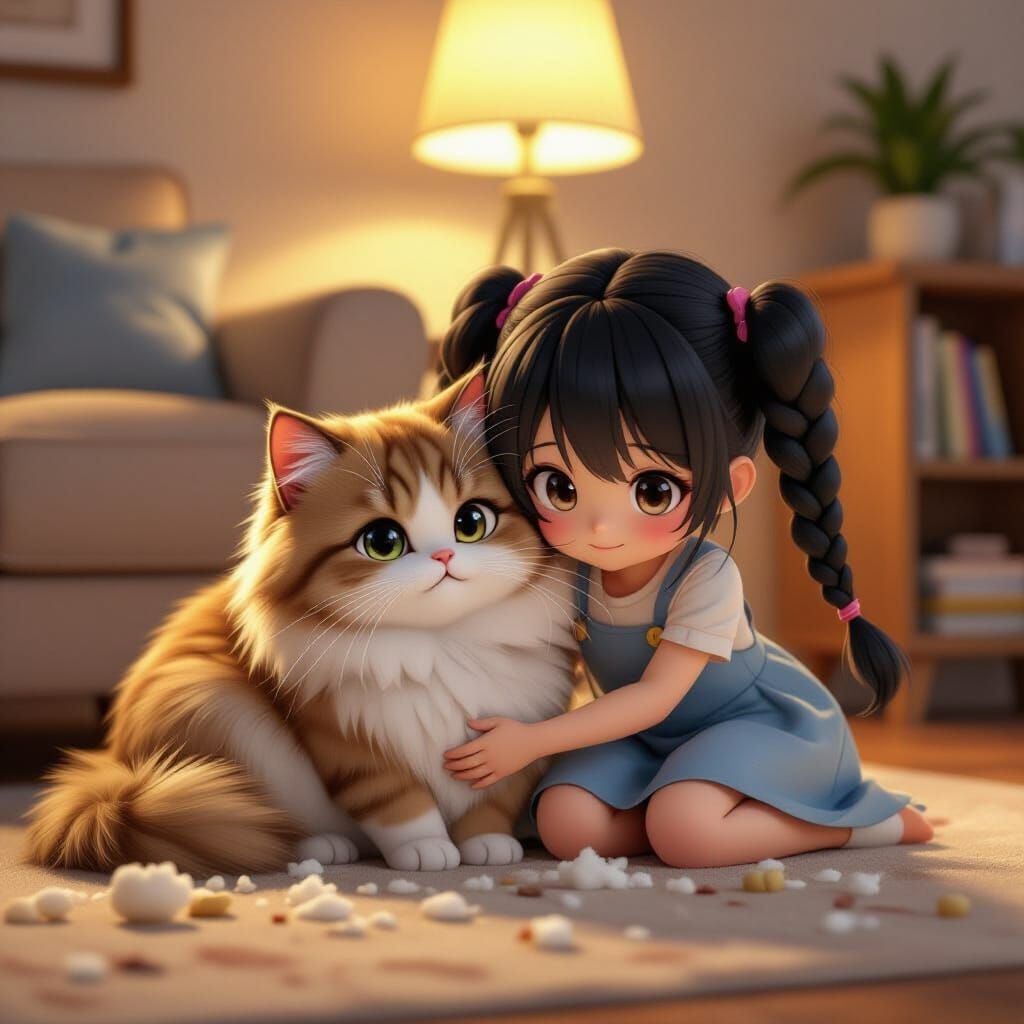 Contrite Cat Cuddles Girl in Cozy Room