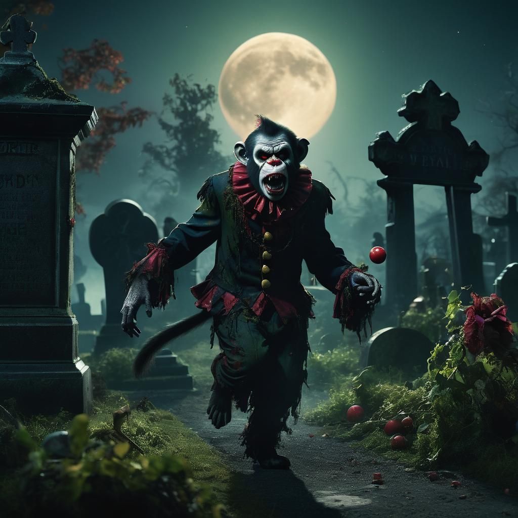 Eerie Zombie Monkey Clown in Cemetery: Cinematic Digital Pai...