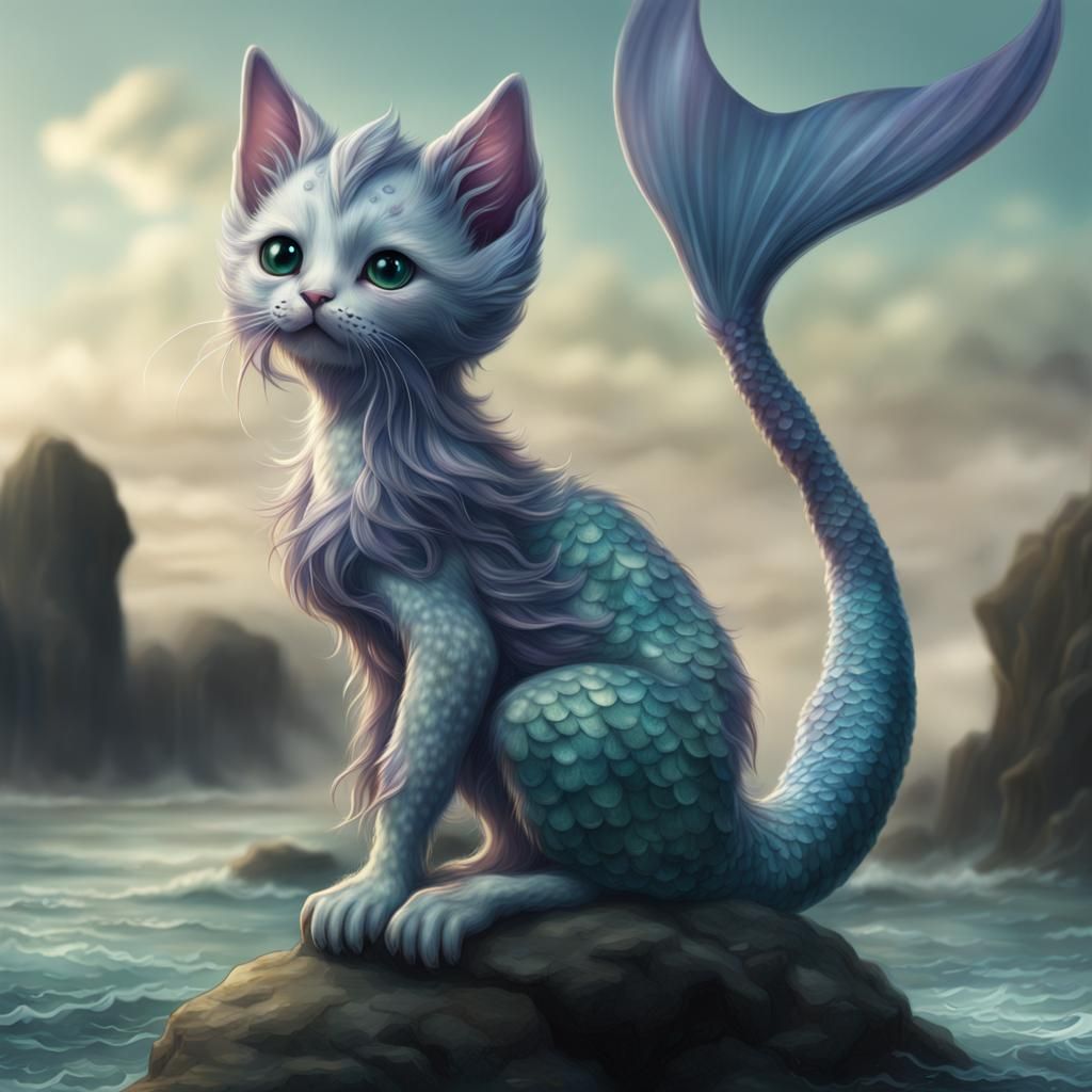 Detailed Mermaid Kitten Creature Painting