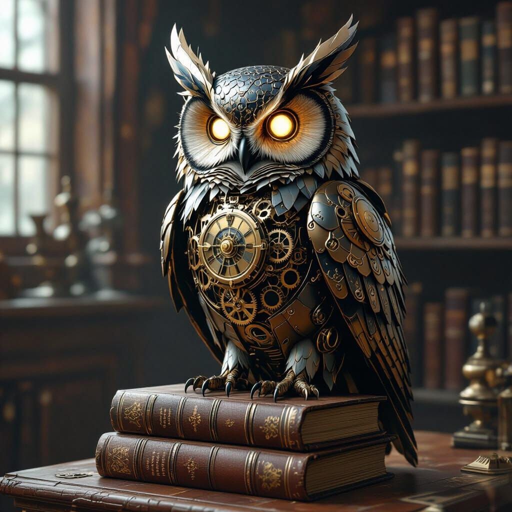 Clockwork Owl on Books in Victorian Study