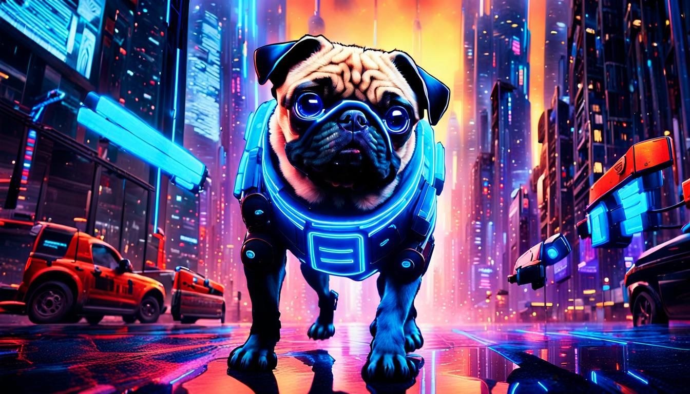 Cyberpunk Pug Soars Through Futuristic City
