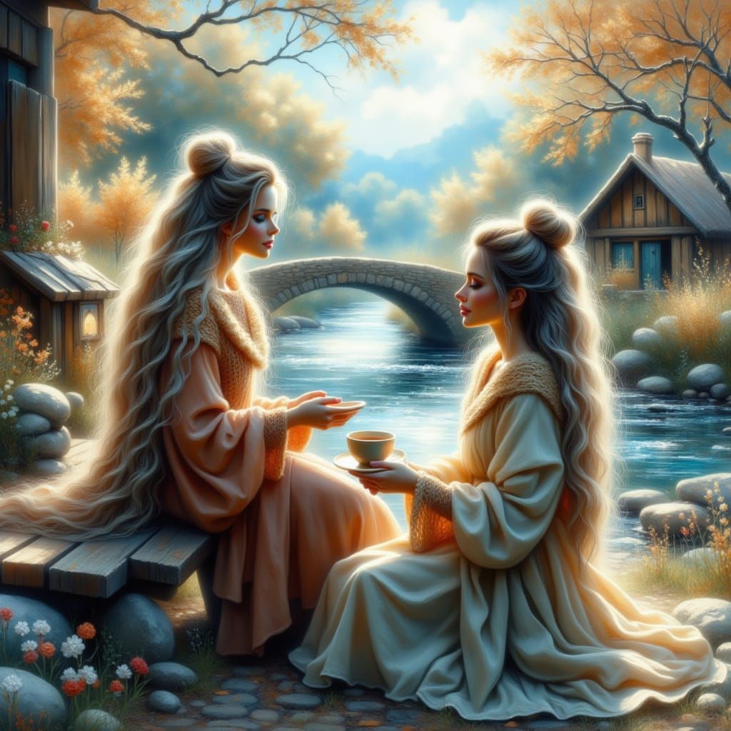 Woman Sipping Coffee by River in Dreamy Landscape