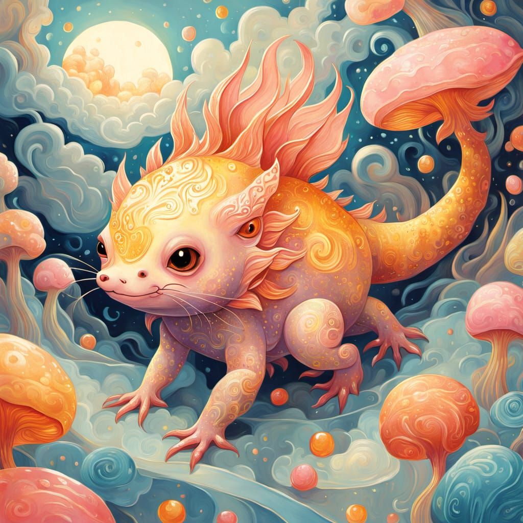 Whimsical Gouache Illustration of a Cute Axolotl in a Fantas...
