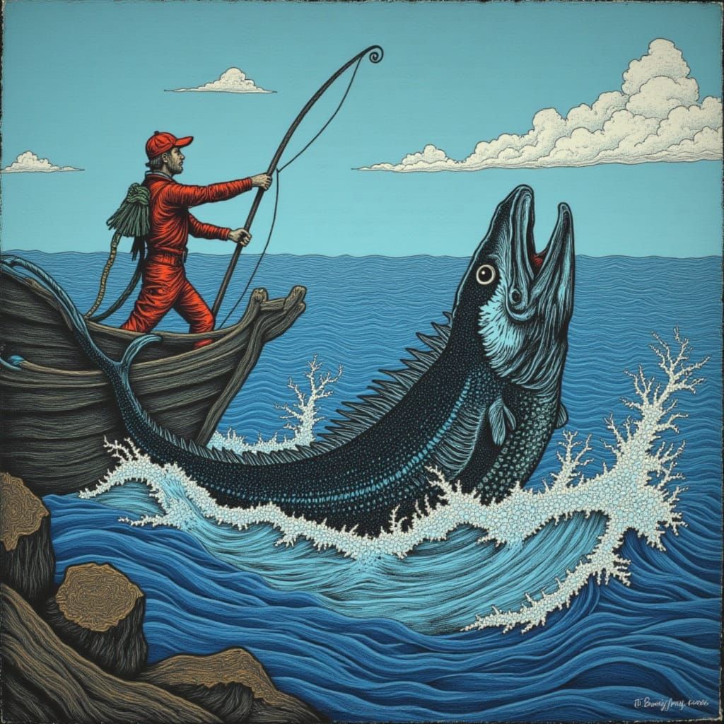 Fisherman Hooks Giant Fish in Whirlpool