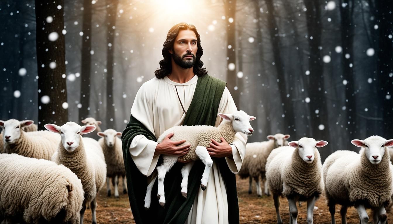 Christmas Scene: Jesus with Lamb in Winter Woods