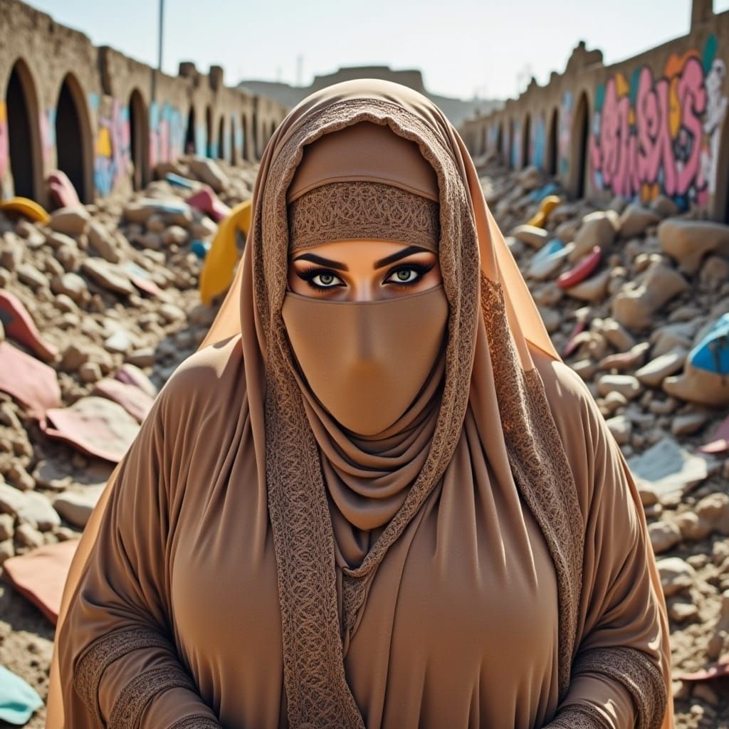 Woman in Niqab in Post-Apocalyptic Cityscape