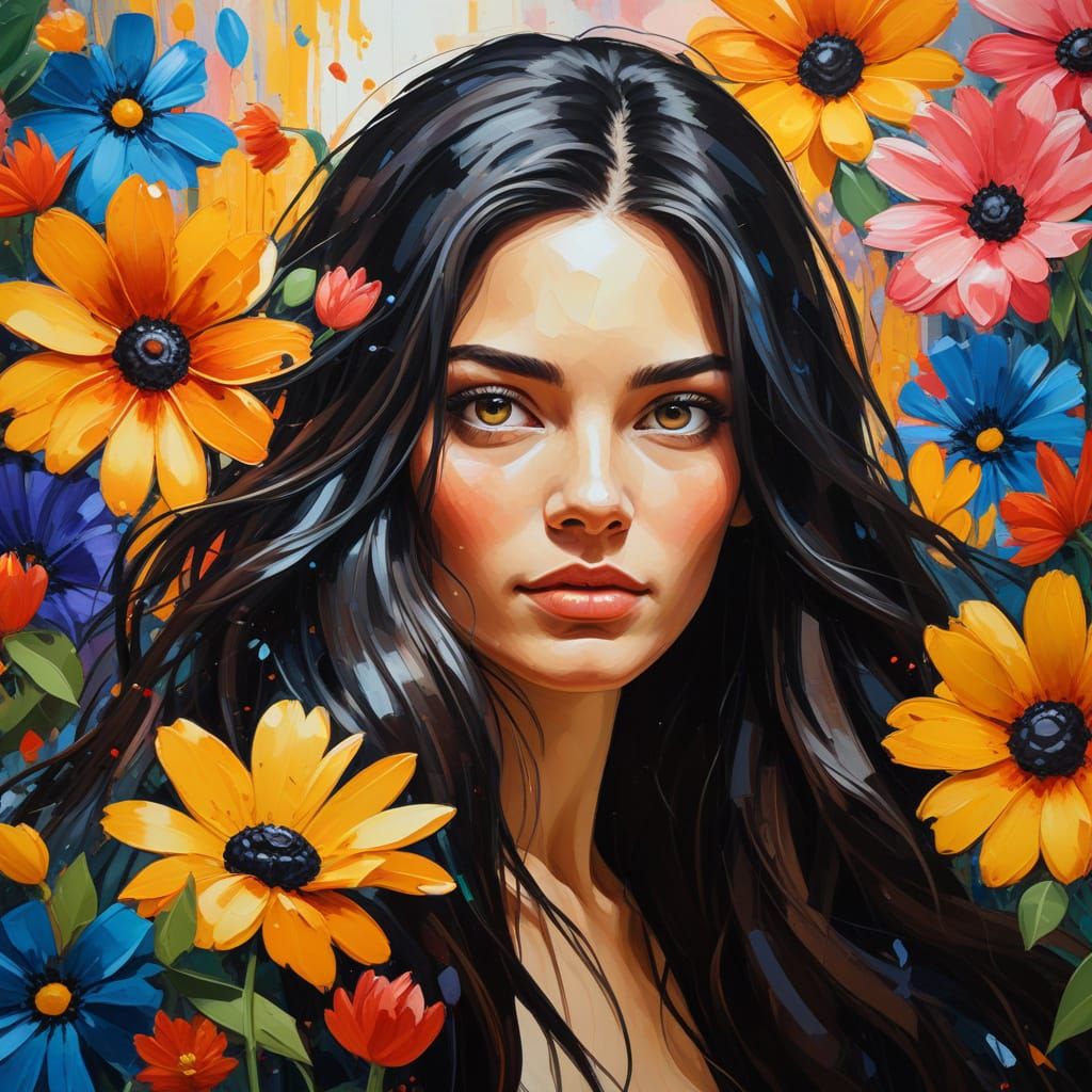 Expressive Oil Painting of Woman Surrounded by Flowers
