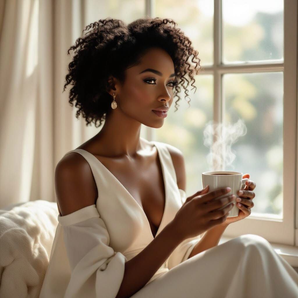 Elegant Woman Contemplating by Window with Coffee