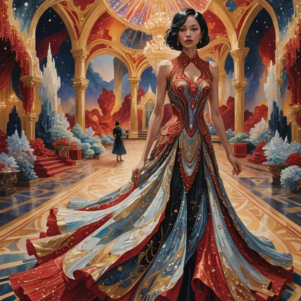 Crystalline Dress in Grand Ballroom, Hyperrealistic Style