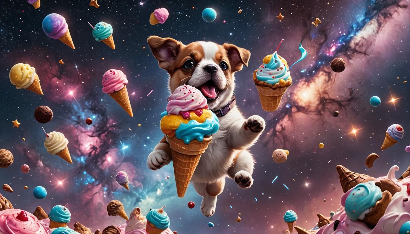Puppy and Galaxy Ice Cream Float in Space